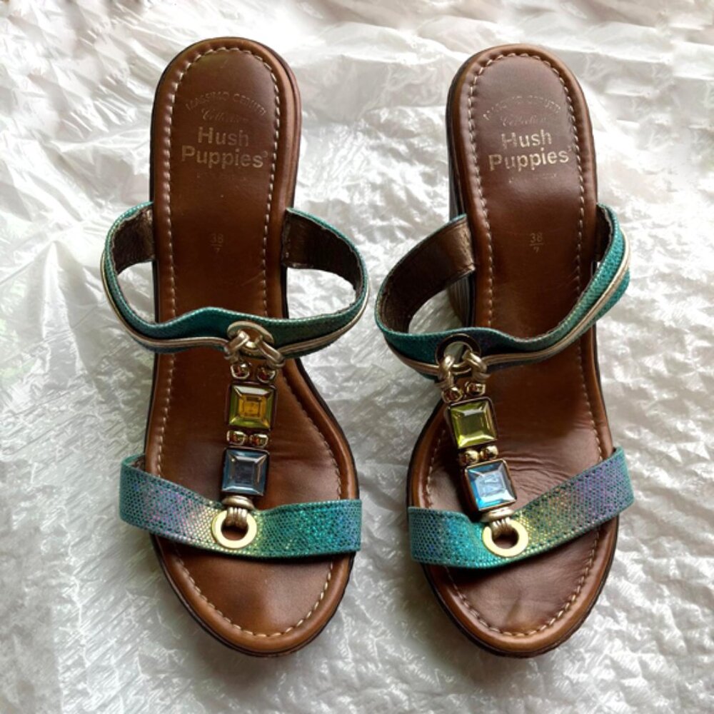 Hush Puppies Turquoise Metallic Wedge Sandals with Multicolor Gem Accents